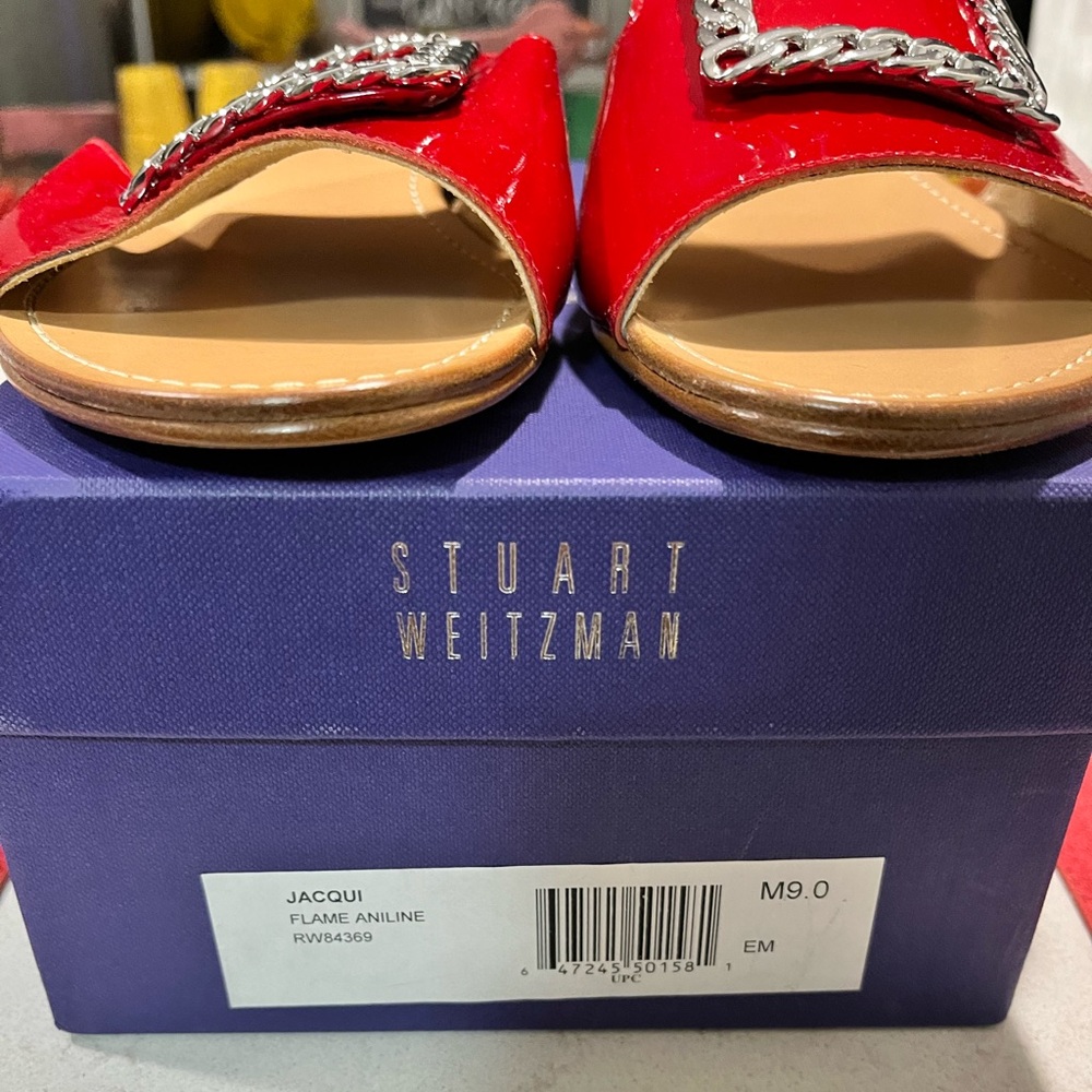 STUART WEITZMAN NIB AUTHENTIC LUXURY RED PATENT LEATHER & SILVER FLATS - Picture 17 of 17